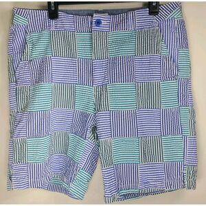 L.L. Bean Favorite Fit Patchwork Seersucker Bermuda Shorts Women 12 Blue Green